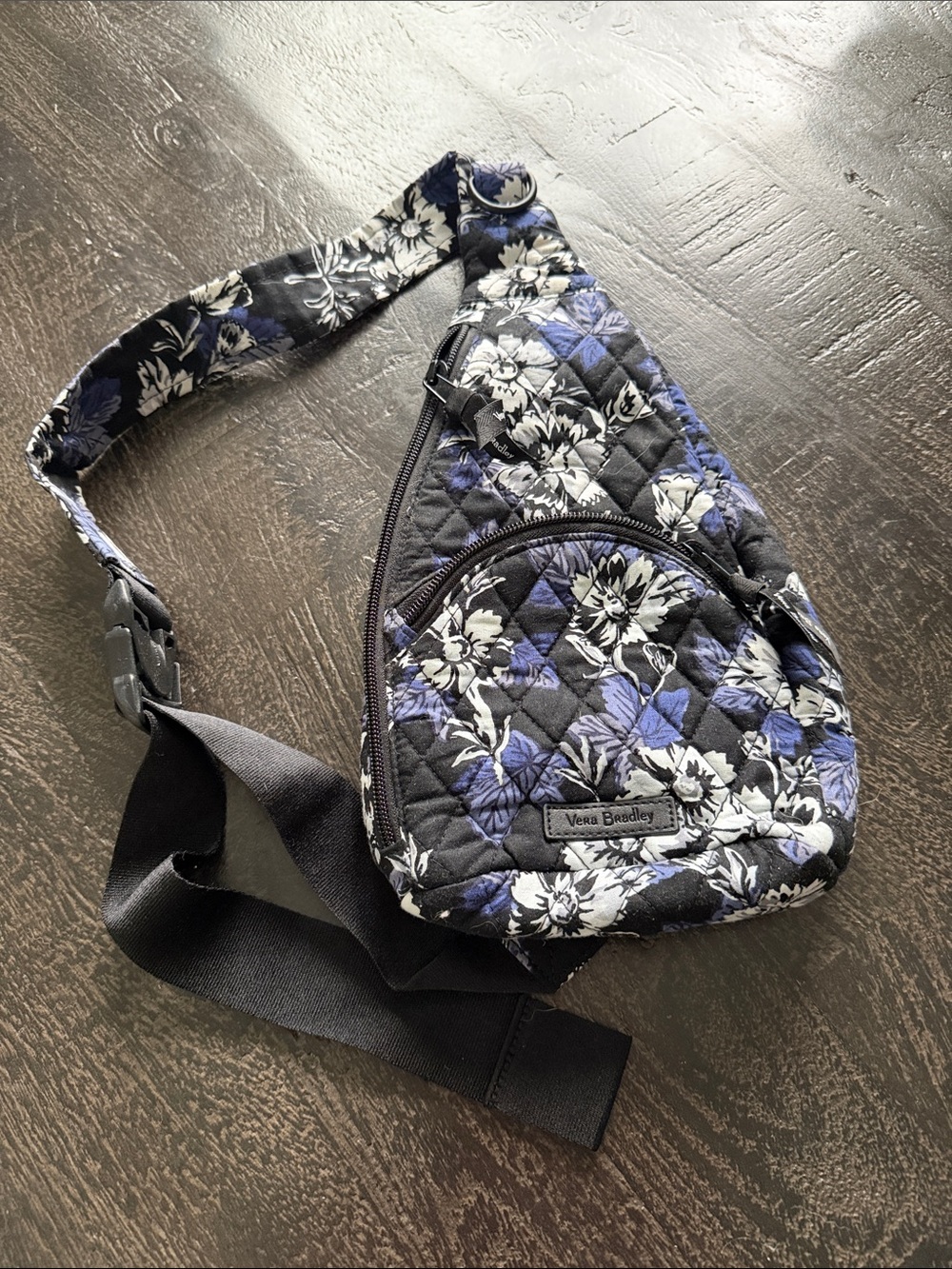 Vera Bradley Black and Blue Quilted Floral Sling Belt Bag